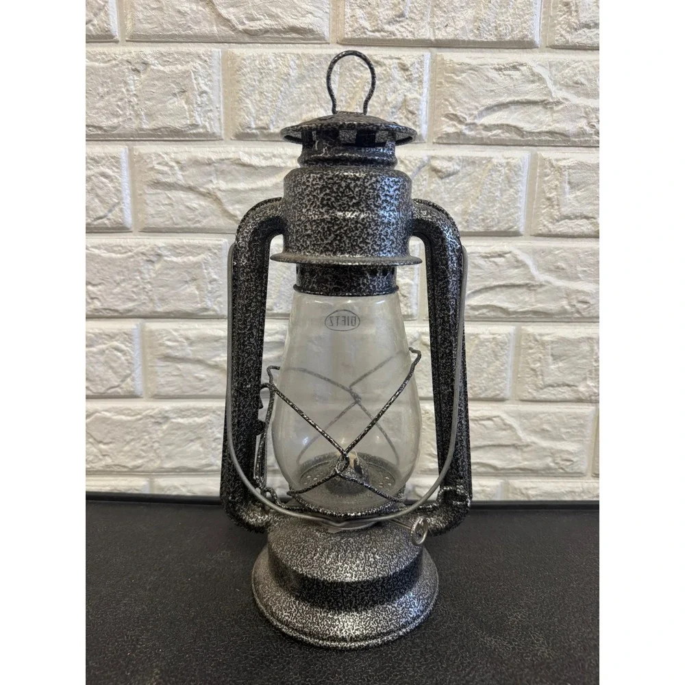 Dietz Hurricane Lantern Black Silver Hammered Metal Oil Lamp Vintage Style Decor